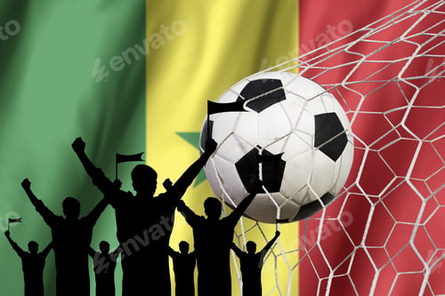 Preview: Silhouettes Of Soccer Fans With Flag Of Senegal .Cheer Concept