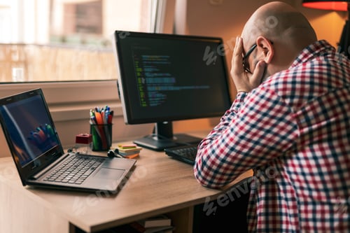 Preview: Male programmer stressed out because of code malfunction