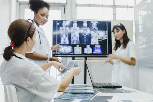 Preview: meeting and teamwork with doctor and team stuff discussing planning consulting