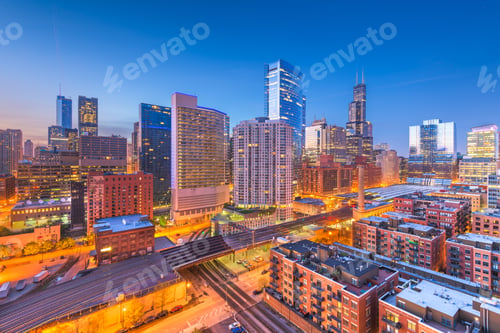 Preview: Chicago, Illinois, USA downtown cityscape at dusk.