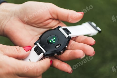 Preview: Optical heart rate monitor sensor on smart watches close up