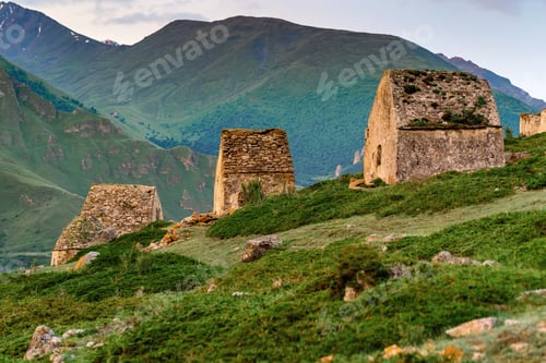 Preview: View of medieval tombs in City of Dead in Eltyulbyu, Kabardino-Balkaria, Russia