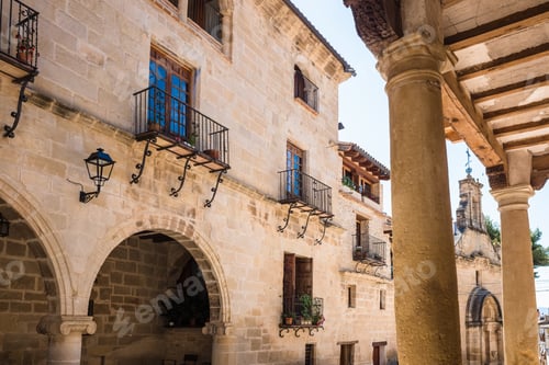 Preview: Shaded atriums and patios between columns along the narrow streets of La Fresneda, Teruel.