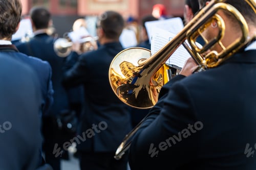 Preview: Band musicians with their instruments on the street. Typical music bands in Spain.