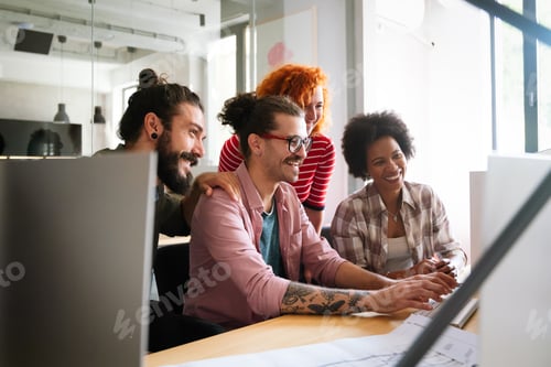 Preview: Mixed team of software engineers brainstorming ideas. Diverse app developers collaborating as group