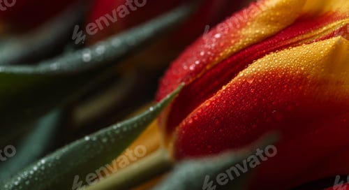 Preview: Background of a colored bouquet of tulips in water drops close-up