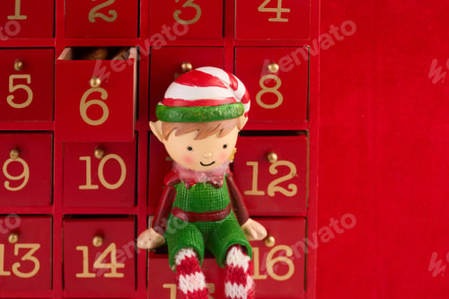 Preview: Christmas advent calendar with an elf and gifts on red background