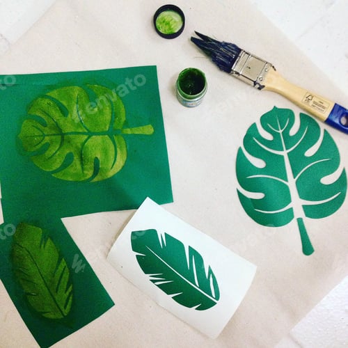 Tropical Leaf Printing with Green Paint and Stencils