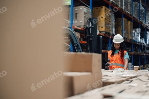 Preview: Female warehouse worker scanning barcodes on packages