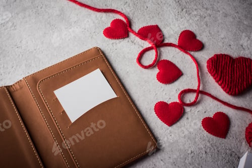 Preview: Top view Blank white card on wallet and heart gift