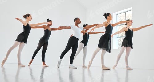 Preview: Shot of a group of young ballet dancers practicing their routine in a dance studio