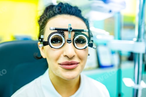 Preview: italian black curly haired woman in white coat sale a glasses in store