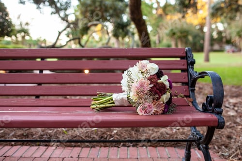 Preview: Bridal Bouquet on a Park Bench in Daylight