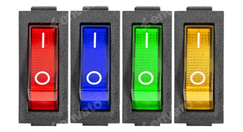 Preview: Red, blue, green and yellow power switches at ON position, isolated on white background