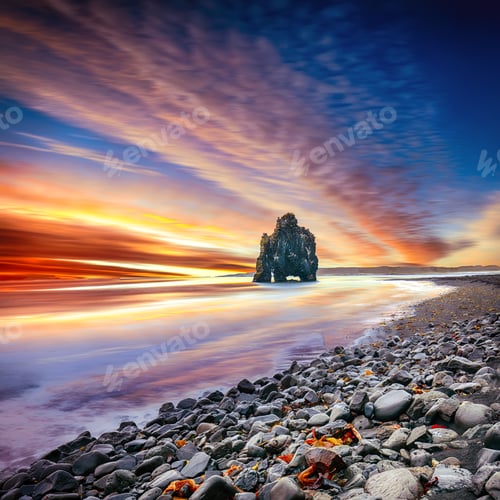 Preview: Dramatic sunset view of Hvitserkur unique basalt rock in Iceland