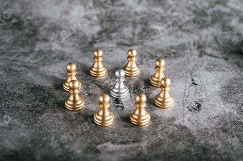 Preview: Gold and Silver Chess on chess board game for business metaphor leadership concept