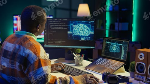 Preview: African american IT professional managing AI system for machine learning