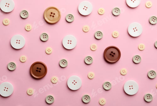 Preview: Different sewing buttons on pink background, flat lay