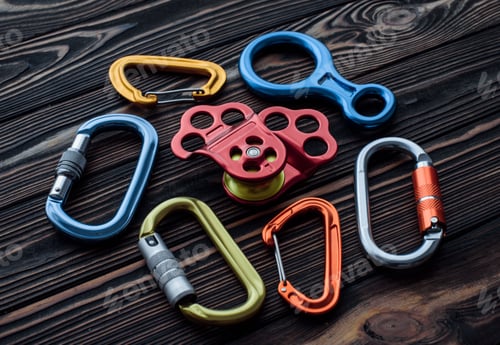 Preview: Isolated photo of climbing equipment. Parts of carabiners lying on the wooden table