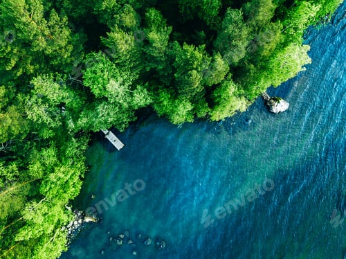 Preview: Aerial View of Serene Lakeside with Lush Green Trees and Calm Blue Water