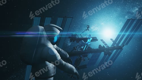 Preview: spaceman flies at blue black of Space Station
