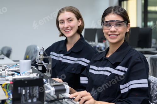Preview: Happy female engineers team using laptop checking and operating