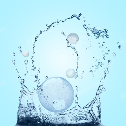 Preview: Drops of cosmetic serum and splashing water on light blue background