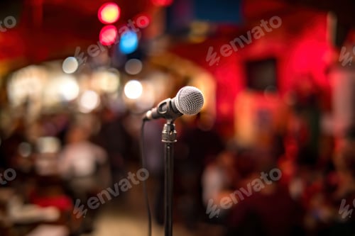 Preview: Microphone on stage against a background of auditorium.