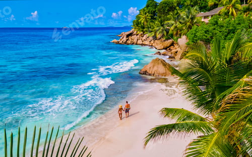 Preview: Anse Patates, La Digue Island, Seyshelles, Drone aerial view of La Digue Seychelles bird eye view