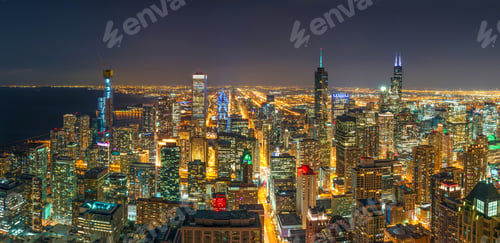 Preview: Panorama Top view of Chicago cityscape and skyscraper at the night time, USA downtown skyline,