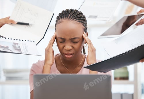 Preview: Stress, burnout and overworked employee with documents give her headache from chaos, confusion and