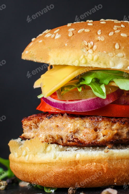 Preview: Burger, Meat Cutlet Beef Steak, Tomato, Sauce And Lettuce (Tasty Meat Snack Sandwich) Menu Concept