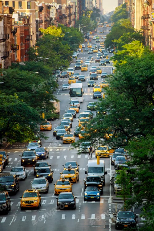 Preview: NEW YORK CITY - Jujy 02, 2018: Yellow cabs on 9 Avenue in front of Central Terminal, New York