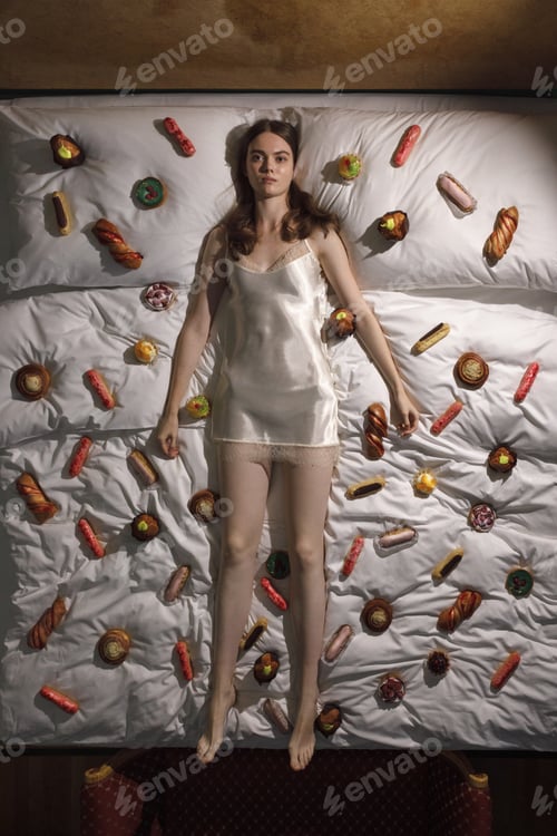 Preview: lonely woman in bed with sweet food, top view