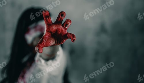Preview: Horror ghost woman stretches her hand with resentment torture and ask for help in abandoned building