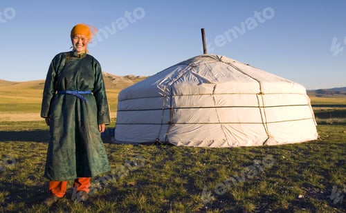 Preview: Mongolian Woman Standing In Front Of The Tent Outdoors