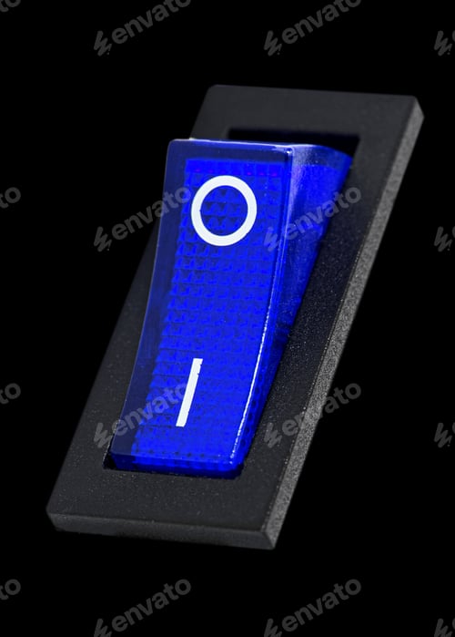 Preview: Blue power switch at ON position, isolated on black background