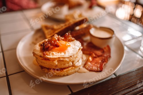 Preview: English breakfast with bacon, sausage, fried egg on a white plate in a cafe on a summer morning
