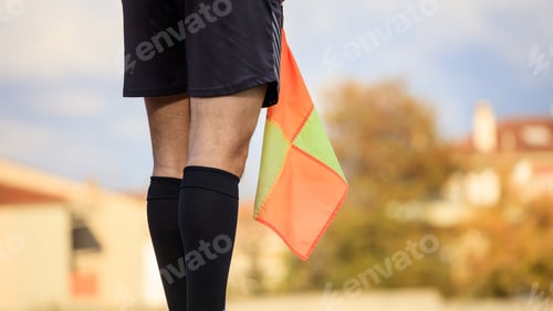 Preview: Soccer assistant referee on the field holding the flag. Blurred background.