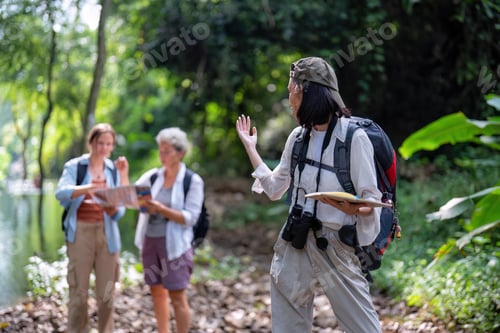 Preview: Backpack tourist travel outdoor adventure bird study using binoculars looking and record to book