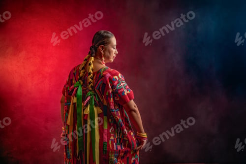 Preview: A woman wearing a red and green dress with a green ribbon tied around her waist