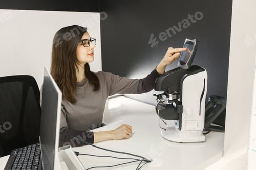 Preview: Professional female optician checking eyeglasses in special machine