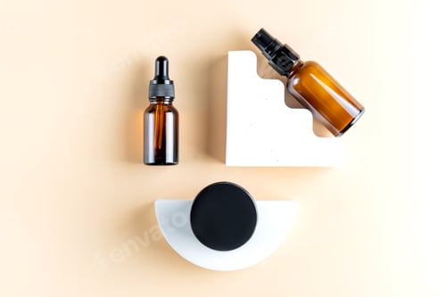 Preview: Set of natural skincare product in glass bottles with dropper and jar. Knolling