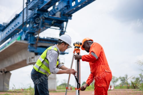Preview: Surveyors and engineers using a theodolite and plans to measure during road construction.