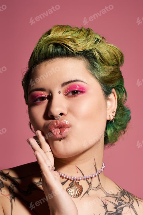 Preview: Vibrant young woman radiates confidence with stylish makeup and colorful hair in artistic portrait