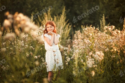 Preview: Beautiful happy teen girl standing in fluffy flowers on a summer meadow in sunlight