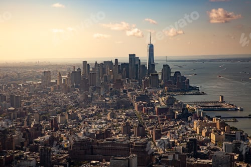 Preview: A view of Lower Manhattan and the Financial District of Downtown New York City at sunset