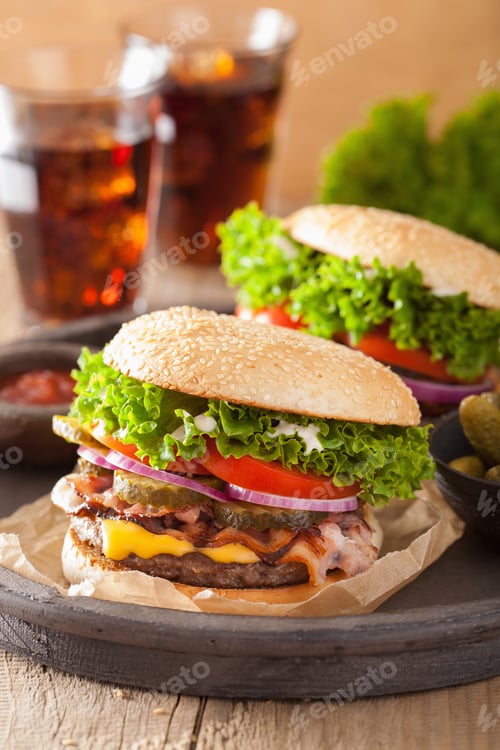 Preview: bacon cheese burger with pickles tomato onion