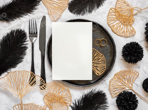 Preview: Black and golden wedding table setting with a blank card and rings top view, mockup