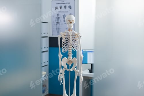 Preview: Empty doctors office equipped with medical anatomical human skeleton